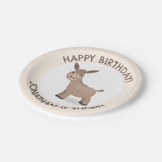 Niedlicher Esel personalisierter Cartoon Geburtsta Pappteller (Schrägansicht)