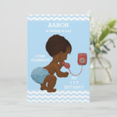 Niedlicher Ethnic Boy on Phone 1. Geburtstag Chevr Einladung (Stehend Vorderseite)