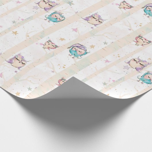 Niedlicher Eulen-Waldhölzerner rosa lila blauer Geschenkpapier (Ecke)
