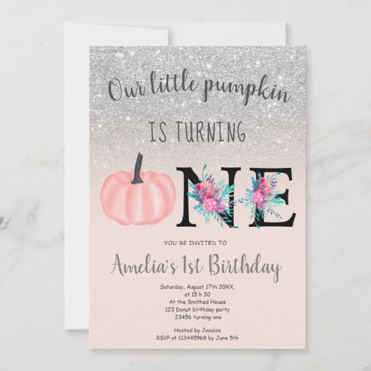 Niedlicher Fall errötet silberner Kürbis 1. Geburt Einladung (Vorderseite)