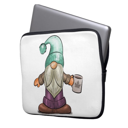 Niedlicher Fall Gnome mit Kaffee-Tasse Laptopschutzhülle (Vorderseite Links)