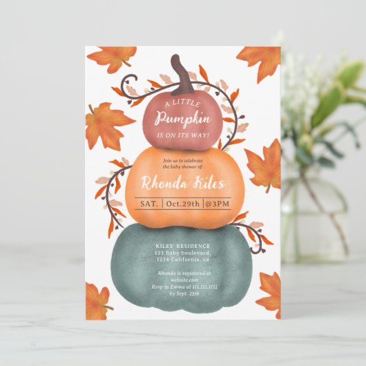 Niedlicher Fall orange blaue Kürbis Babydusche Einladung (Stehend Vorderseite)