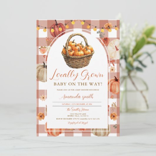 Niedlicher Fall Pumpkin Grown Market Baby Dusche Einladung (Stehend Vorderseite)