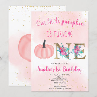 Niedlicher Fall Rosa Goldkürbis 1. Geburtstag Einladung