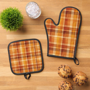 Niedlicher Fall Saisonale karierte Küche Ofenhandschuh & Topflappen-Set