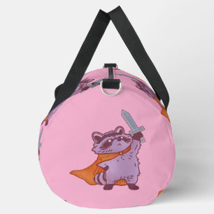 Niedlicher Fantasy-Waschbärkrieger mit Schwert und Duffle Bag