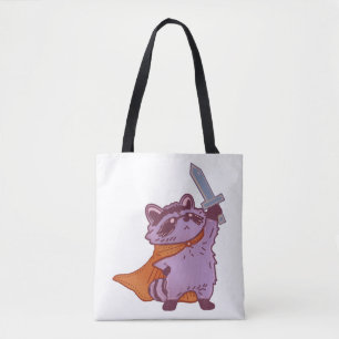 Niedlicher Fantasy-Waschbärkrieger mit Schwert und Tasche