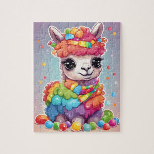 Niedlicher, farbenfroher Lama mit Bonbons und Süßi Puzzle