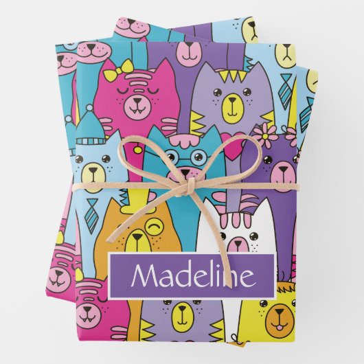 Niedlicher farbiger Cartoon Katzen Muster Personal Geschenkpapier Set (Beispiel)