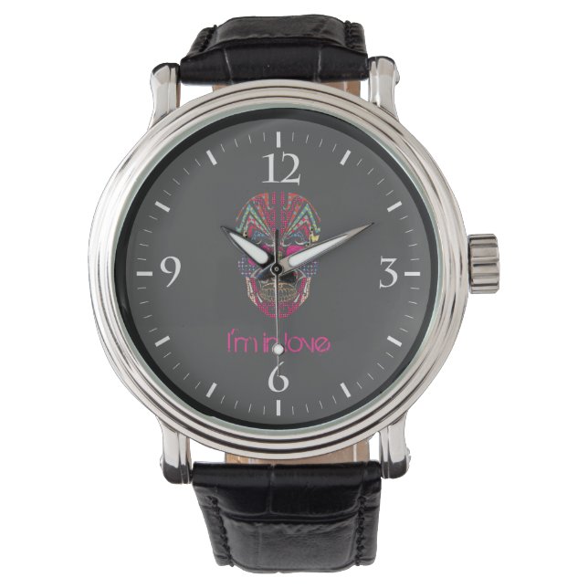 Niedlicher, farbiger Fliegenschädel Armbanduhr (Vorderseite)