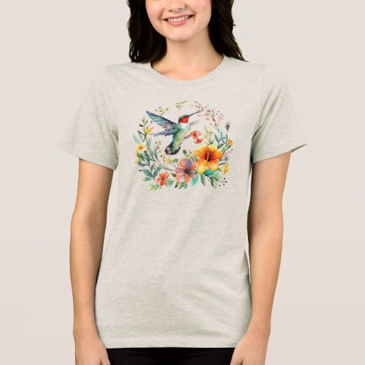 Niedlicher farbiger Hummingbird-Blumenstrauß Tri-Blend Shirt (Vorderseite)