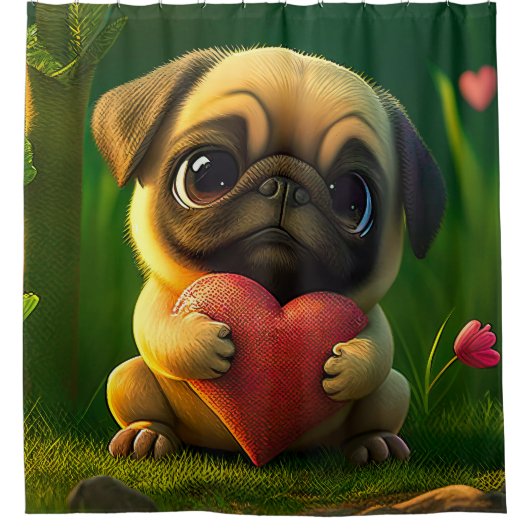 Niedlicher farbiger Mops Hund Welpe mit Herz | Duschvorhang (Vorderseite)
