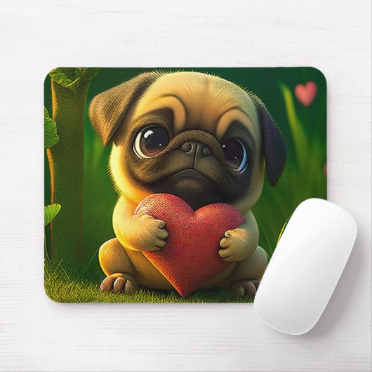 Niedlicher farbiger Mops Hund Welpe mit Herz | Mousepad (Mit Mouse)