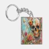 Niedlicher, farbiger Schädel und Blume Schlüsselanhänger (Vorderseite links)