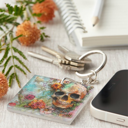 Niedlicher, farbiger Schädel und Blume Schlüsselanhänger (Vorderseite rechts)