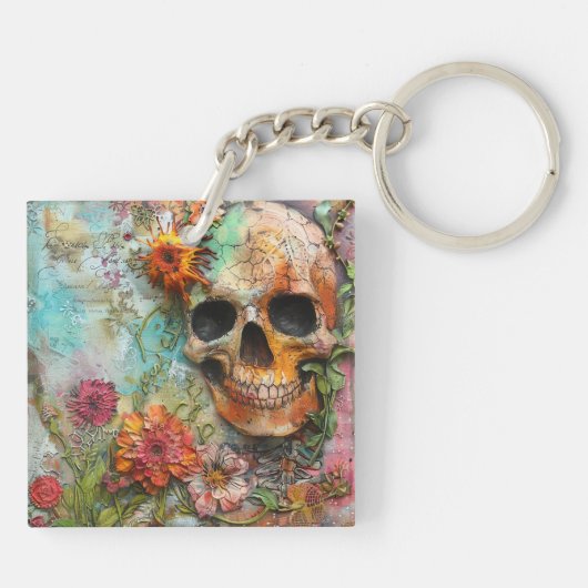 Niedlicher, farbiger Schädel und Blume Schlüsselanhänger (Rückseite)
