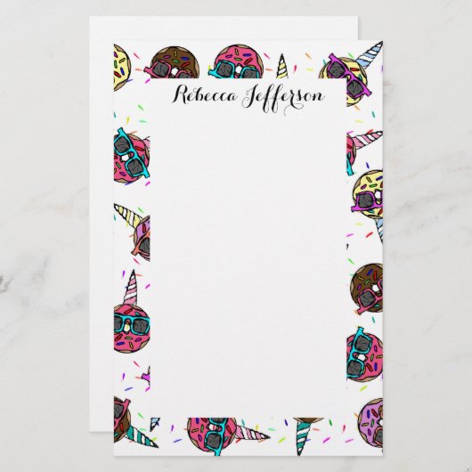 Niedlicher, farbiger Unicorn Donut mit Sonnenbrill Briefpapier (Vorne/Hinten)