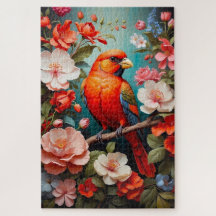 niedlicher, farbiger Vogel auf einem Ast mit Blume