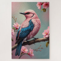 niedlicher, farbiger Vogel auf einem Ast mit Blume