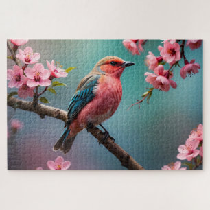 niedlicher, farbiger Vogel auf einem Ast mit Blume Puzzle