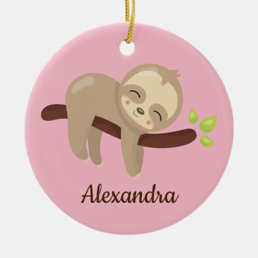 Niedlicher Faultier auf dem Baum Kawaii auf rosa Keramik Ornament (Vorne)