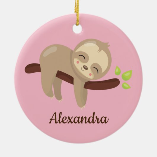 Niedlicher Faultier auf dem Baum Kawaii auf rosa Keramik Ornament (Hinten)