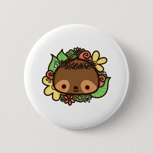 Niedlicher Faultier mit Blume und Blätter Faulpelz Button (Vorderseite)
