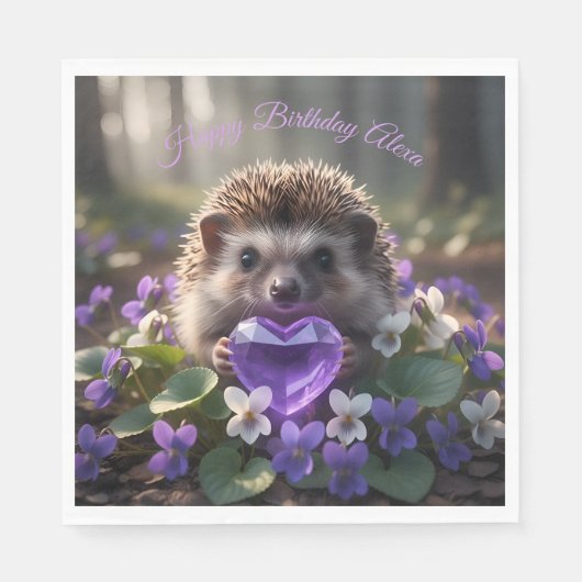 Niedlicher Februar-Igel mit Amethyst-Herz Serviette (Vorderseite)