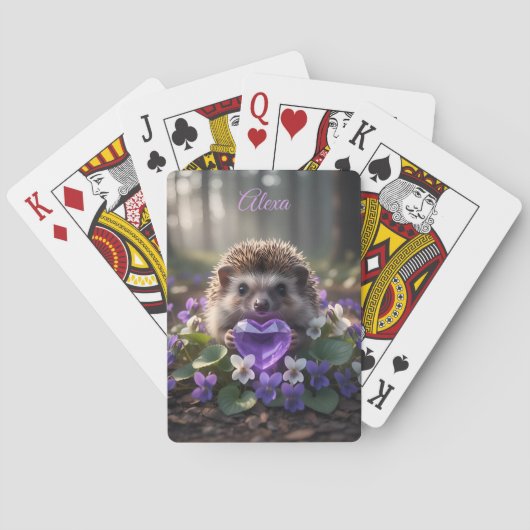 Niedlicher Februar-Igel mit Amethyst-Herz Spielkarten (Rückseite)