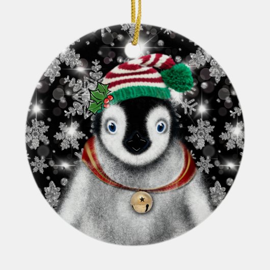 Niedlicher Feiertag Pinguin Glitzer Schneeflocken Keramik Ornament (Vorne)