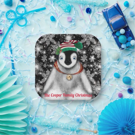 Niedlicher Feiertag Pinguin Glitzer Schneeflocken Pappteller (Party)