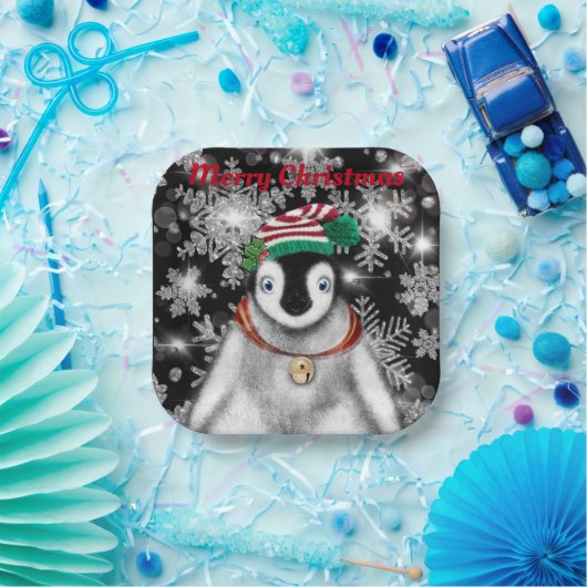 Niedlicher Feiertag Pinguin Glitzer Schneeflocken Pappteller (Party)