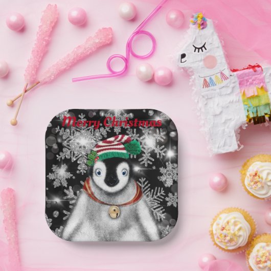 Niedlicher Feiertag Pinguin Glitzer Schneeflocken Pappteller (Party)