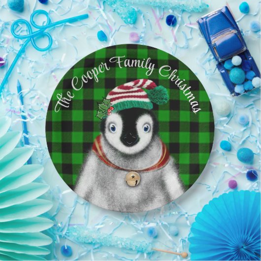 Niedlicher Feiertag Pinguin grün kariert Pappteller (Party)