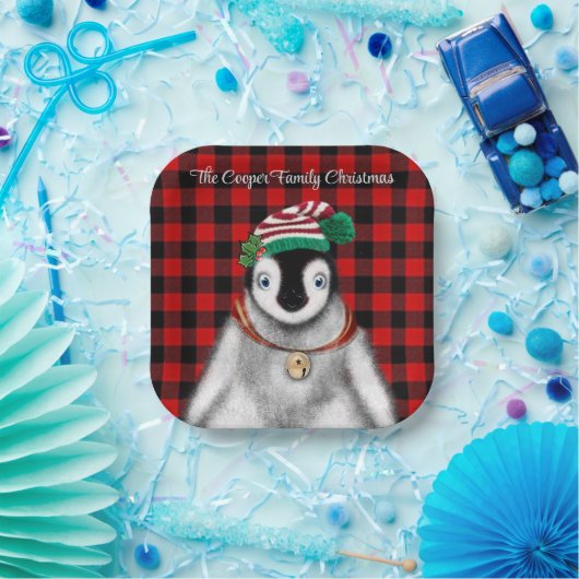 Niedlicher Feiertag Pinguin Rot kariert Pappteller (Party)