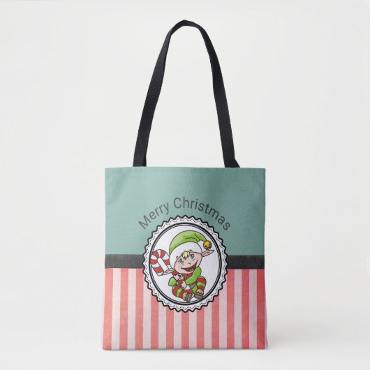 Niedlicher Festelf mit Candy Cane Frohe Weihnachte Tasche (Vorderseite)
