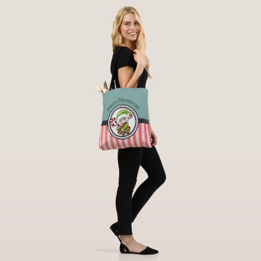 Niedlicher Festelf mit Candy Cane Frohe Weihnachte Tasche (Am Model)
