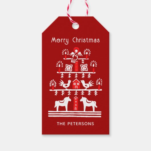 Niedlicher festlicher Skandi Roter Weihnachtsbaum Geschenkanhänger (Vorderseite)