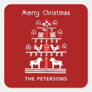Niedlicher festlicher Skandi Roter Weihnachtsbaum Quadratischer Aufkleber