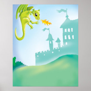 niedlicher Feuerdrache und Burgszene Poster