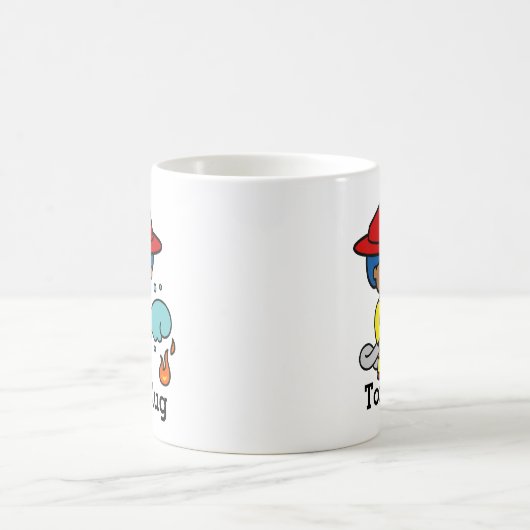 Niedlicher Feuerwehrmann, der Feuer aussetzt Kaffeetasse (Mittel)