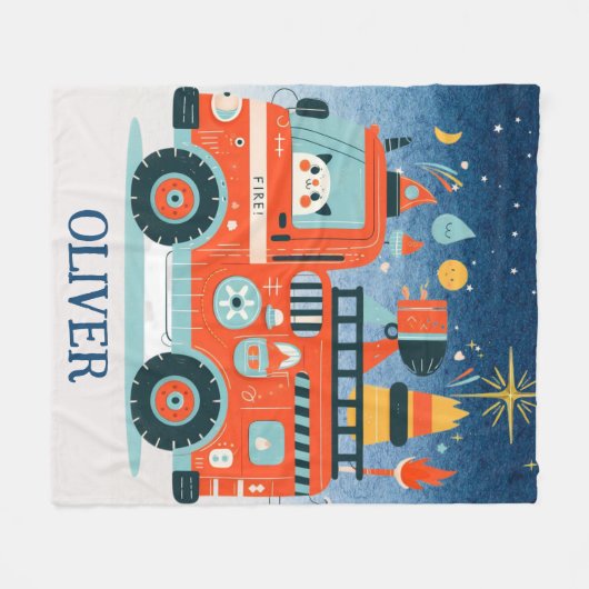 Niedlicher Feuerzug mit Katze bei Nacht Fleecedecke (Vorderseite (Horizontal))