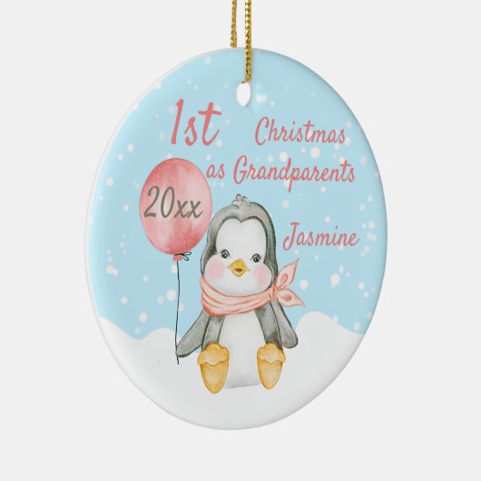 Niedlicher First Christmas Pinguin Großeltern Pink Keramik Ornament (Rechts)