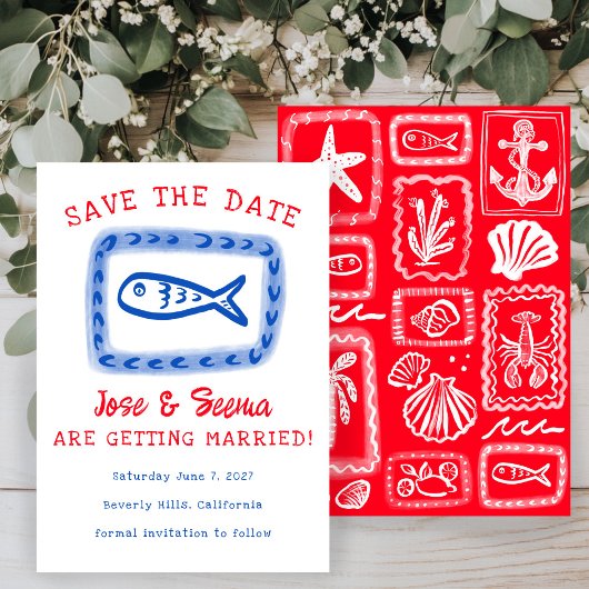 Niedlicher Fisch Hand gezeichnet Süß Red Blue Cust Save The Date