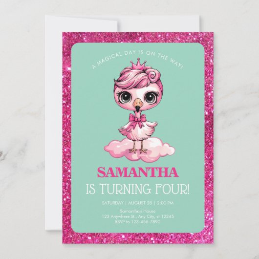 Niedlicher Flamingo mit Krongeburtstag Einladung (Vorderseite)