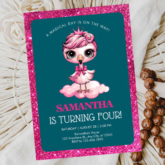 Niedlicher Flamingo mit Krongeburtstag Einladung