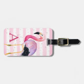 Niedlicher Flamingo Monogram Pink Strip Gepäckanhänger (Vorderseite horizontal)