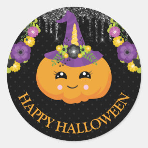 Niedlicher Floral Pumpkin und Glitzer Halloween Runder Aufkleber