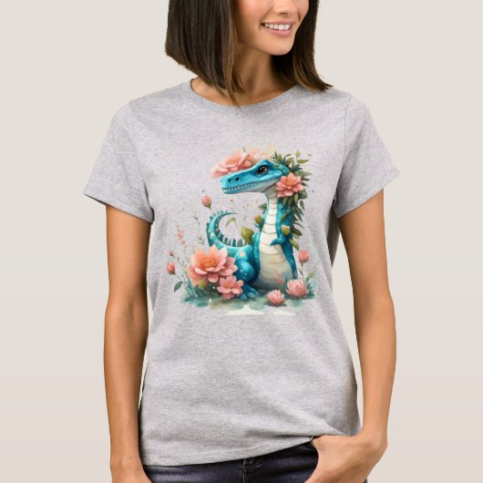 Niedlicher floraler Dinosaurier T-Shirt (Vorderseite)