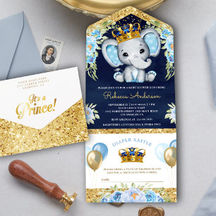 Niedlicher floraler Prinz-Elefant Navy-Blau Baby S All In One Einladung